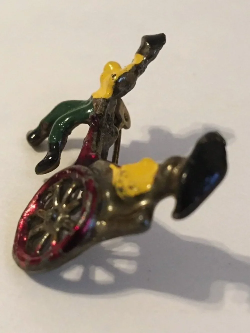 Vintage Rickshaw Pin Brooch Painted Silver Metal Taxi Man Pulling Woman Lapel